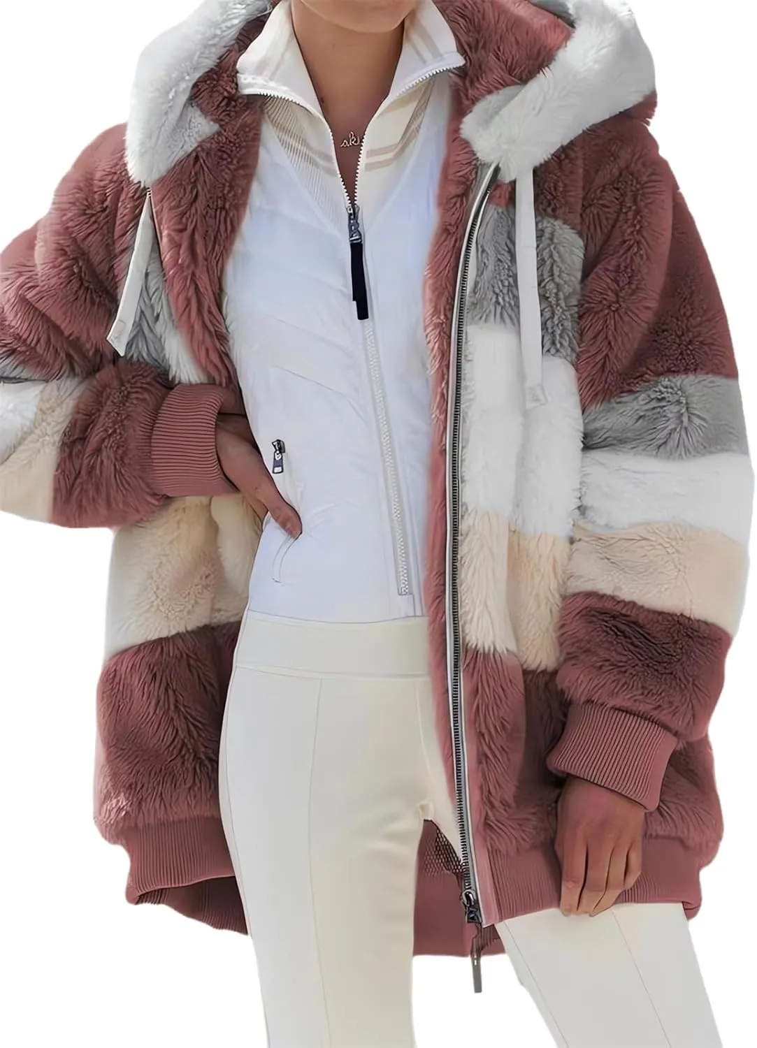 2024 New Rcontrasting Lamb Wool Padded Coat Sherpa Hoodie Lined Jacket Women Faux Fur Shearling Fleece Zip Shacket