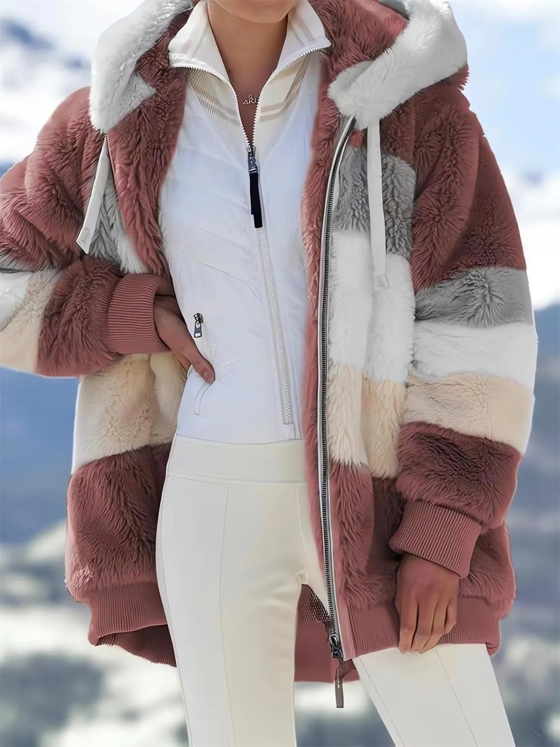 2024 New Rcontrasting Lamb Wool Padded Coat Sherpa Hoodie Lined Jacket Women Faux Fur Shearling Fleece Zip Shacket