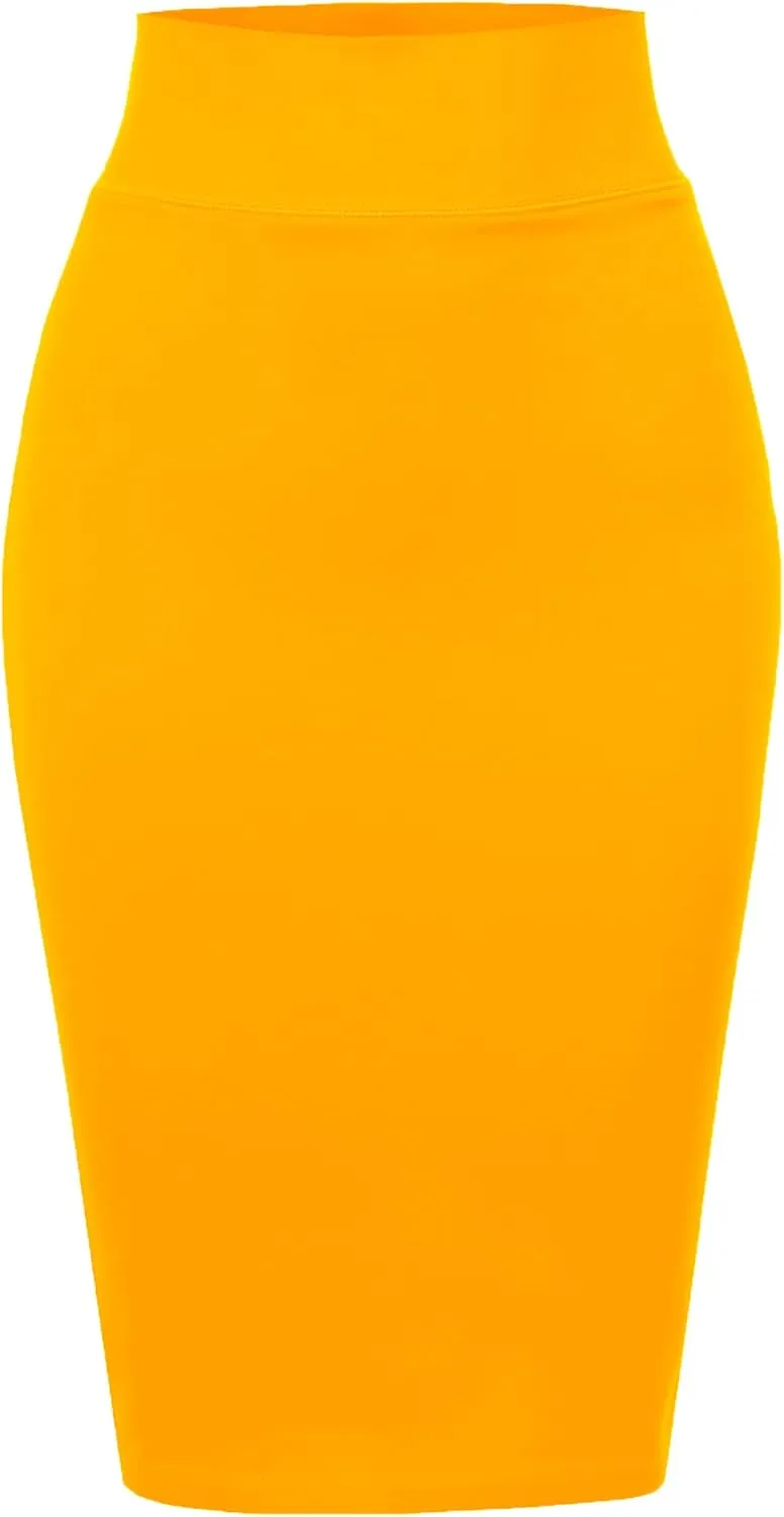 A2Y Women's Basic Solid Ponte Knee Length Slit Techno Span High Waist Pencil Skirt