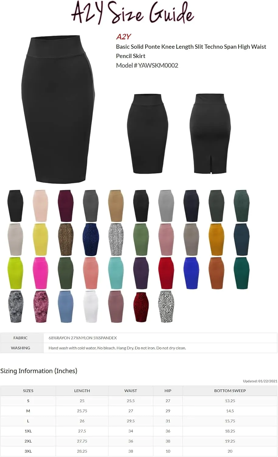 A2Y Women's Basic Solid Ponte Knee Length Slit Techno Span High Waist Pencil Skirt