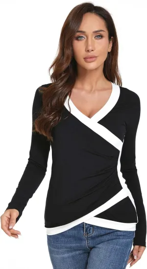 AmlieBoutik Women Color Trim V Neck Faux Wrap Pleated Detail Blouse