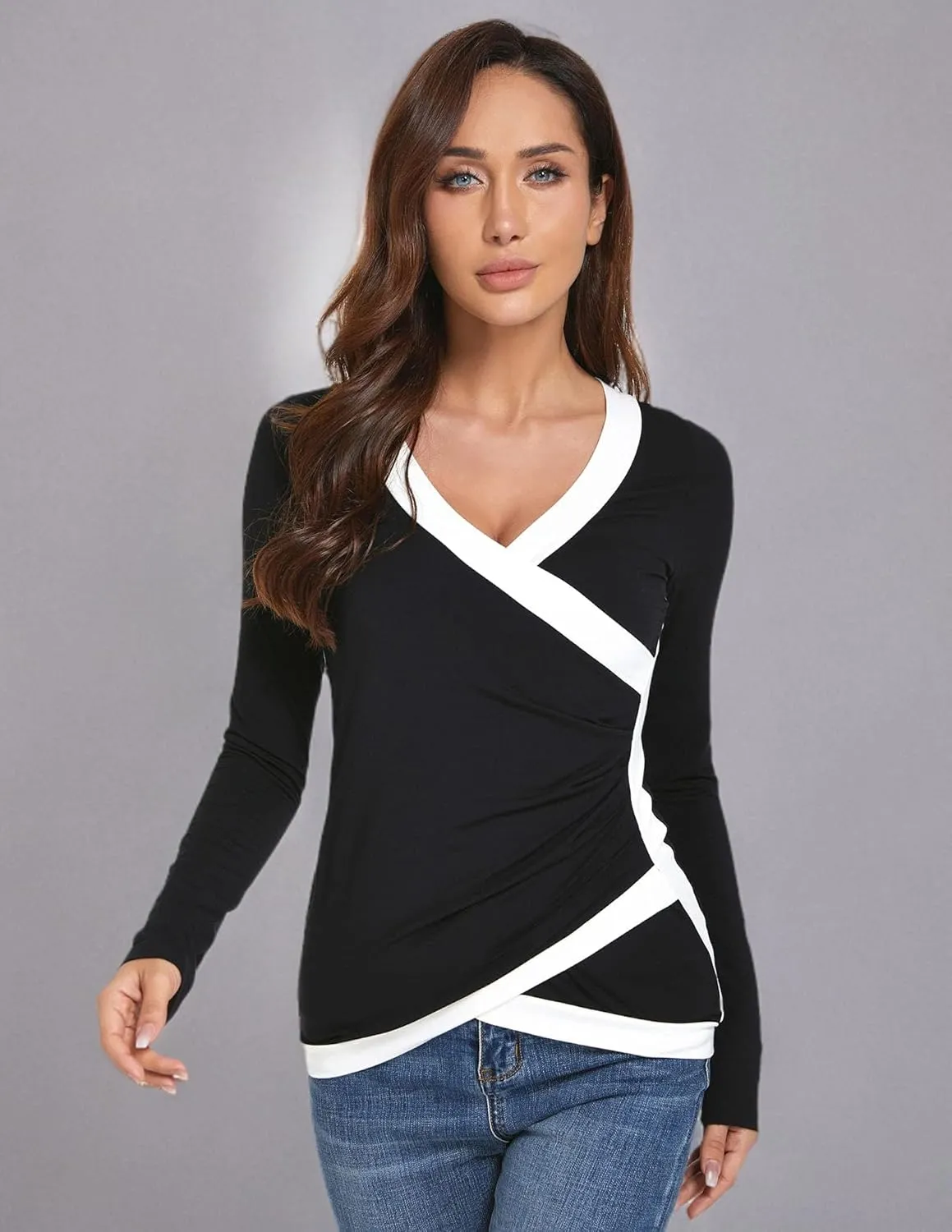 AmlieBoutik Women Color Trim V Neck Faux Wrap Pleated Detail Blouse