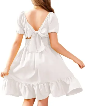 Arshiner Girls Tie Back Short Sleeve Ruffle Hem Off Shoulder Casual Elegant Dresses 4-12 Years