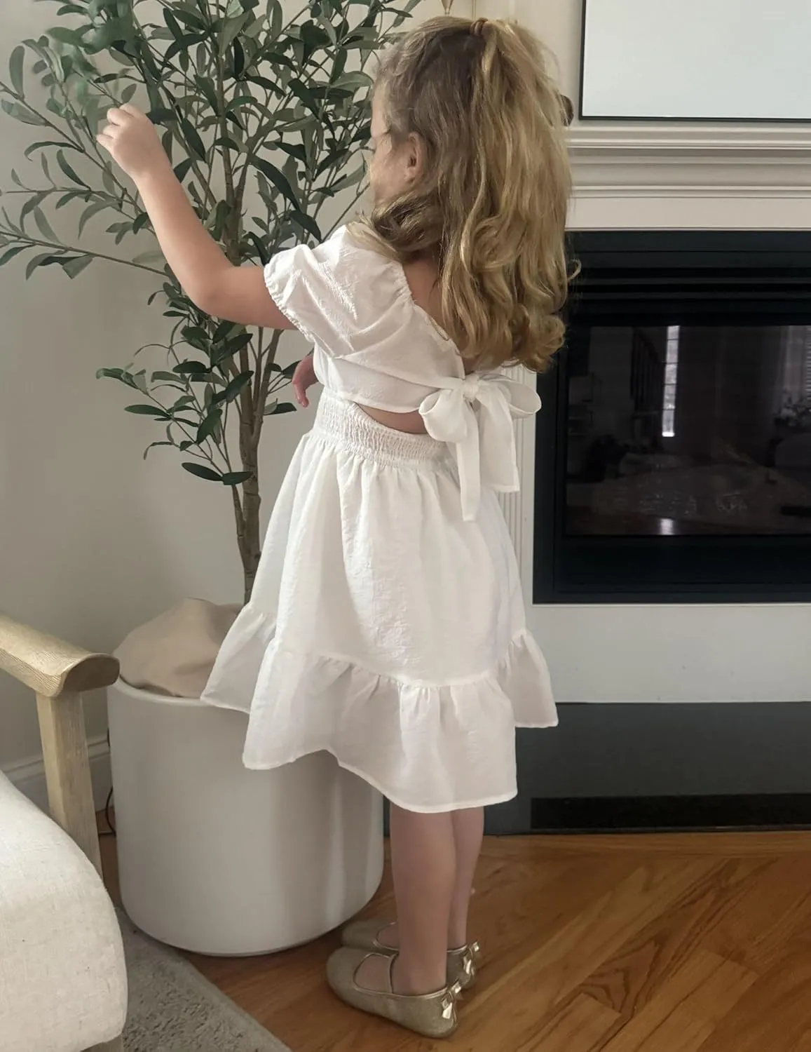 Arshiner Girls Tie Back Short Sleeve Ruffle Hem Off Shoulder Casual Elegant Dresses 4-12 Years