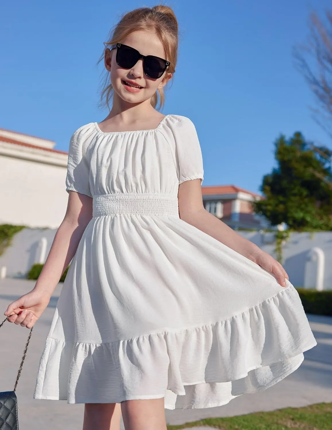 Arshiner Girls Tie Back Short Sleeve Ruffle Hem Off Shoulder Casual Elegant Dresses 4-12 Years