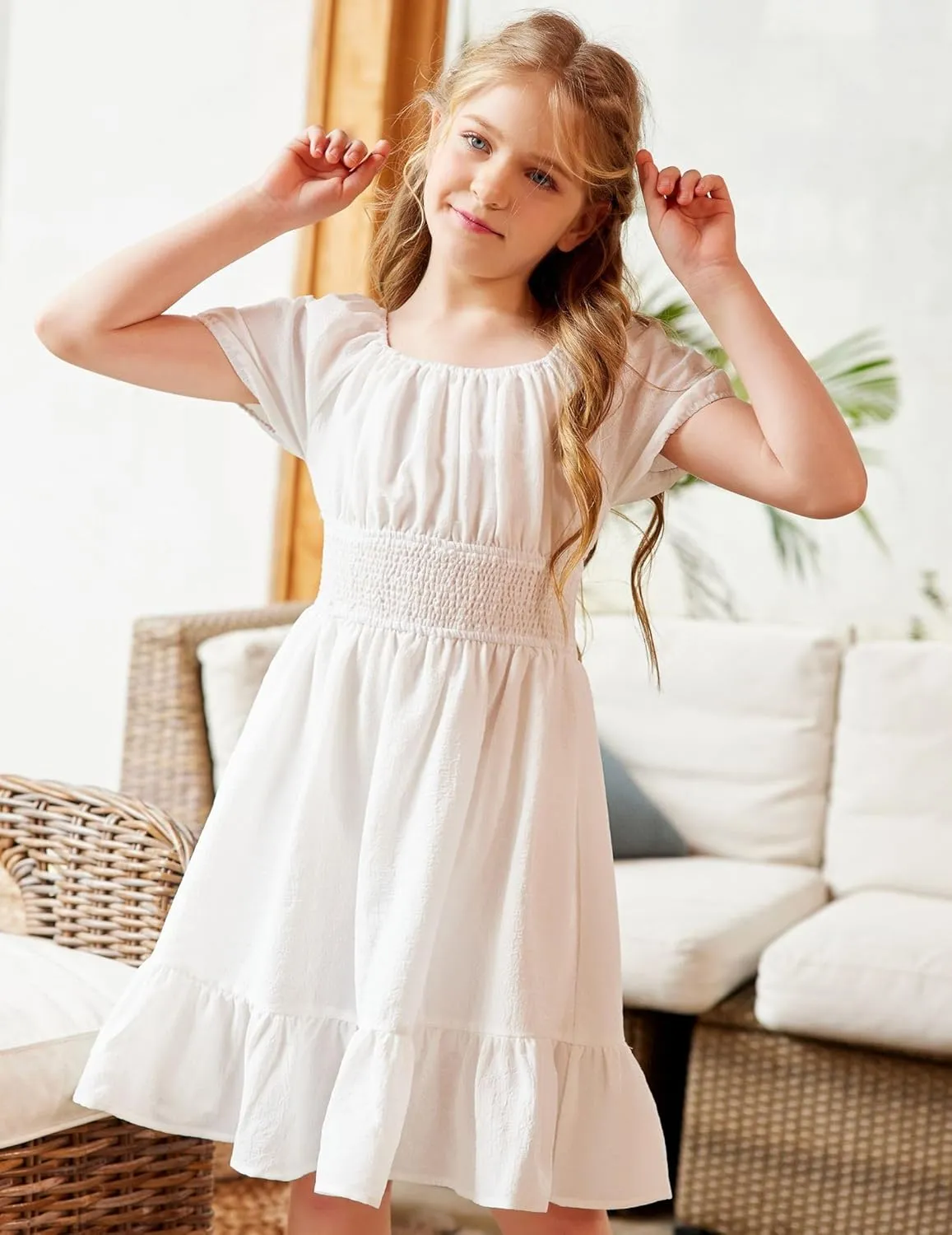 Arshiner Girls Tie Back Short Sleeve Ruffle Hem Off Shoulder Casual Elegant Dresses 4-12 Years