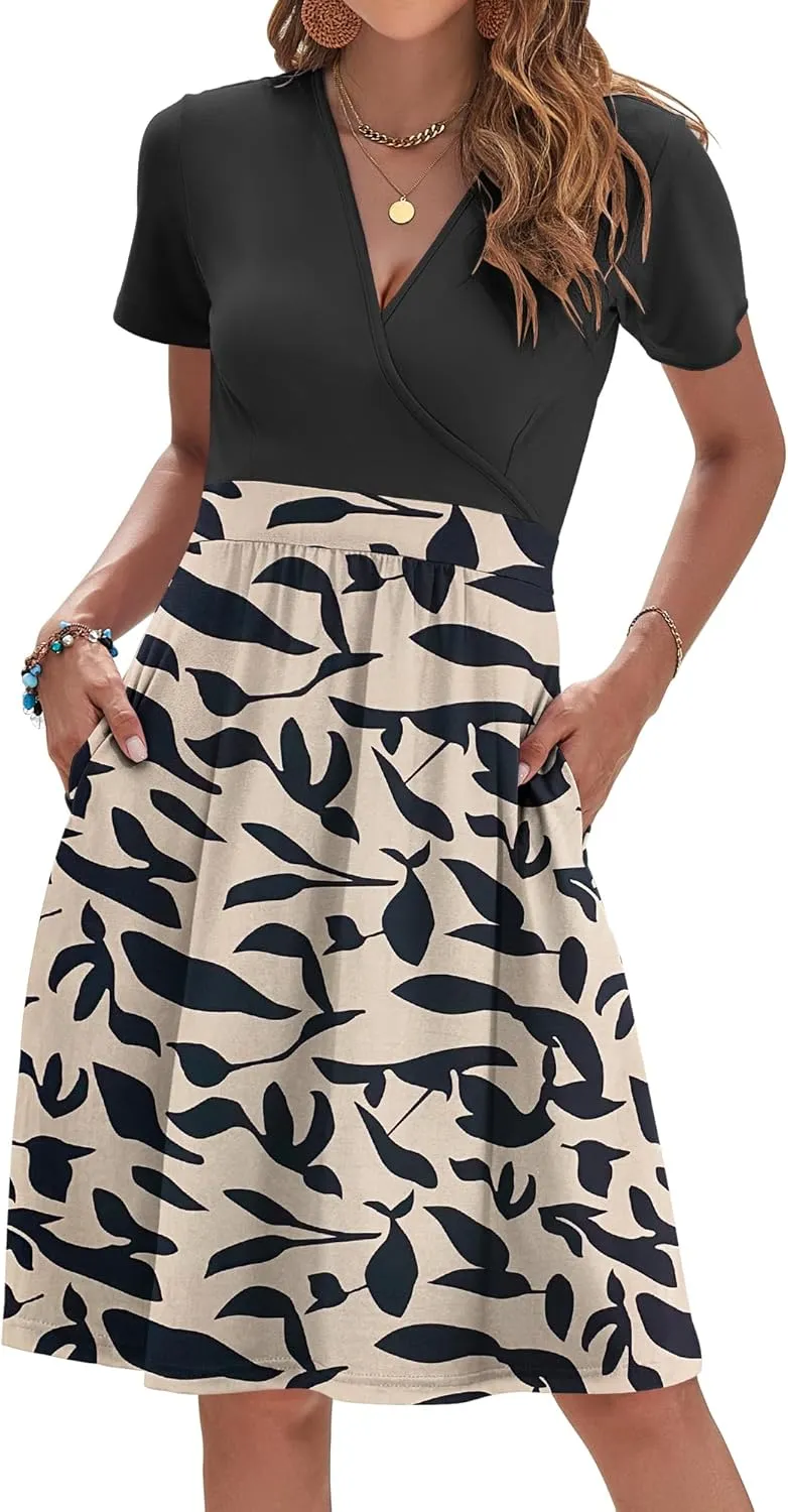 AUSELILY Womens Summer Dresses 2025 Short Sleeve V Neck Floral Sundress with Pockets