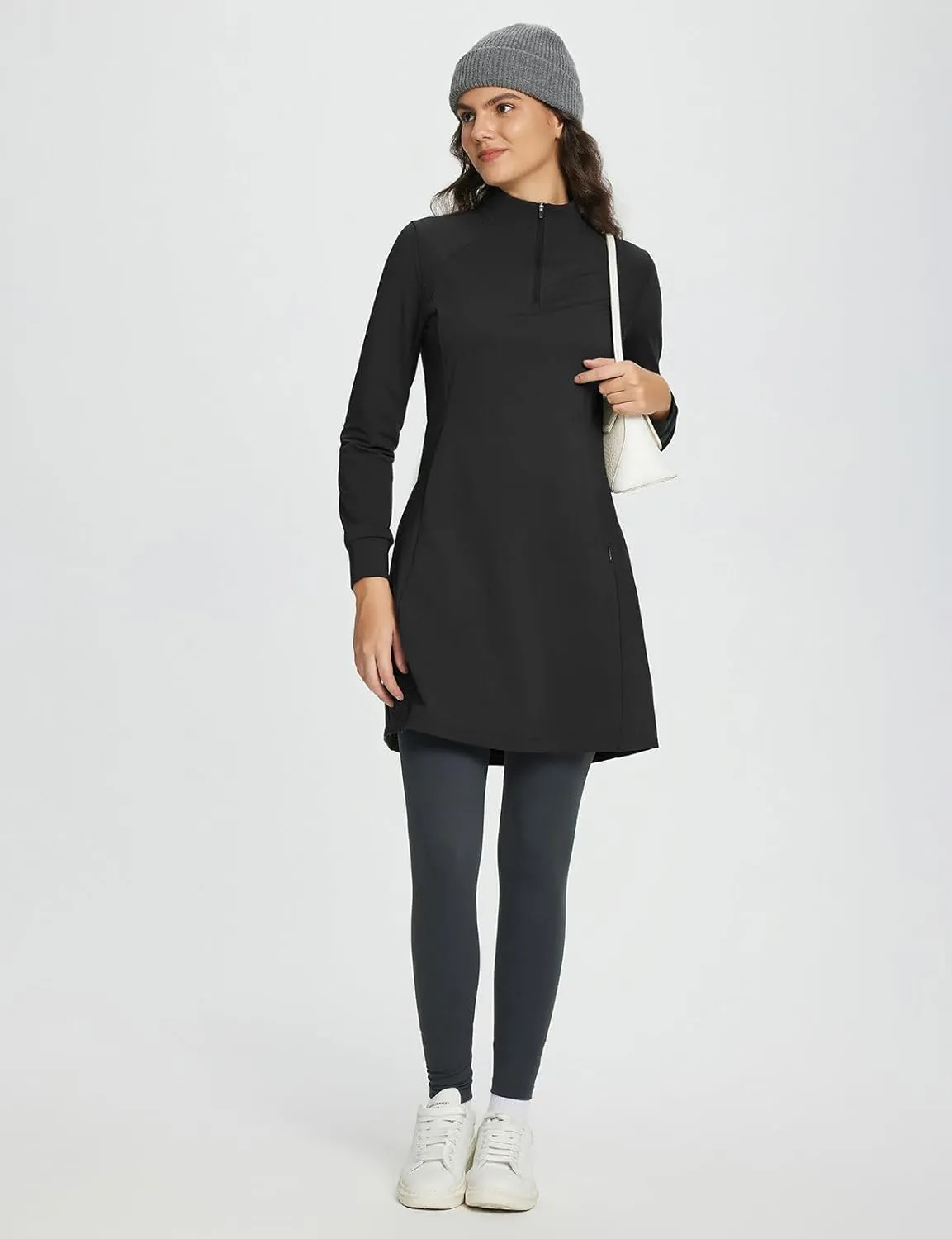 baleaf Women's Fleece Lined Dress Sweatshirt Dress Water Resistant Warm Quarter Zip Cover Up Winter Outdoor with Pocket