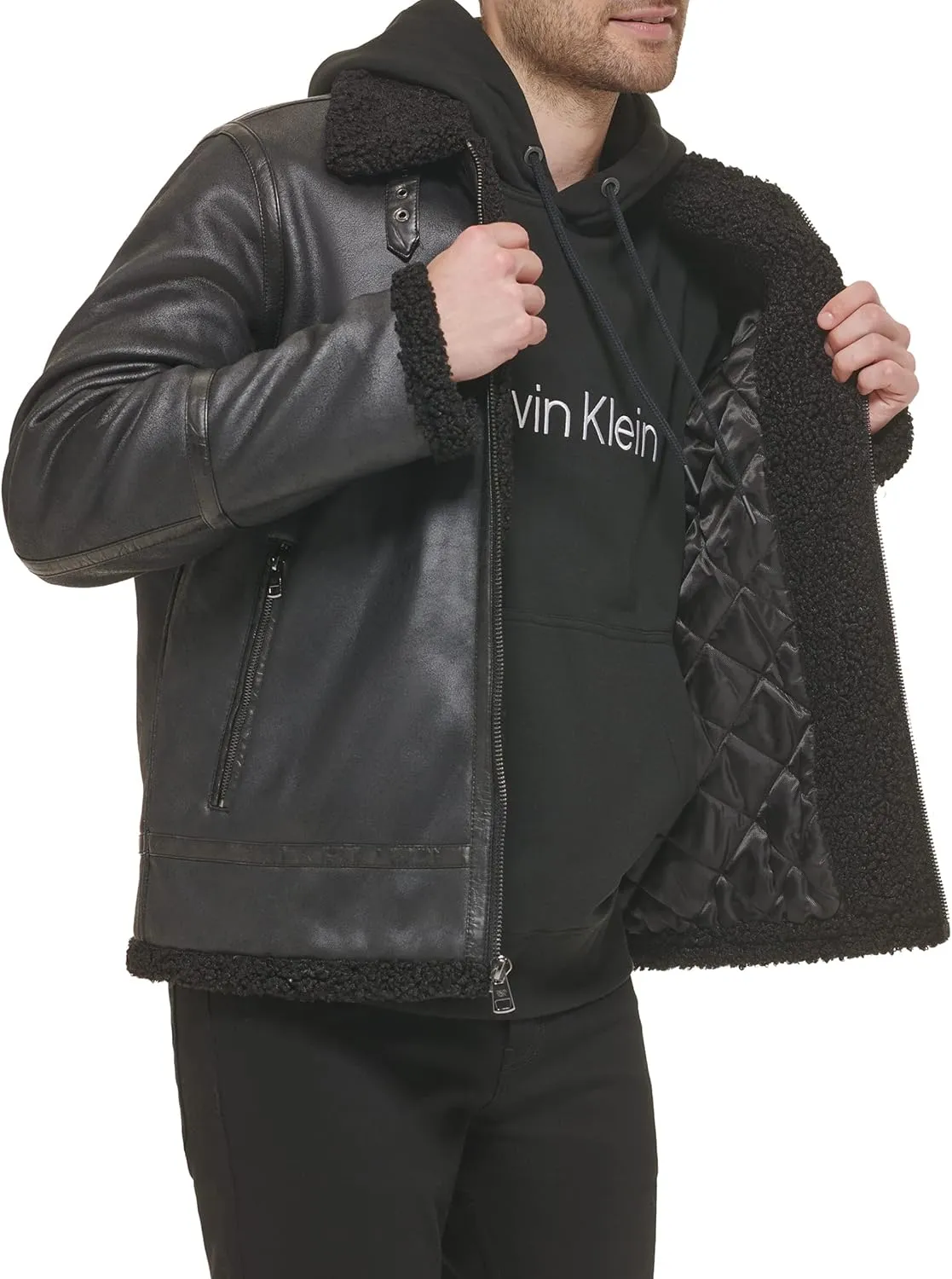 Calvin Klein Men's Faux Leather Jacket Men - Bomber Jacket with Shearling Lining