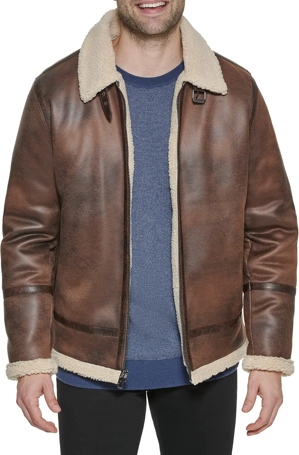 Calvin Klein Men's Faux Leather Jacket Men - Bomber Jacket with Shearling Lining