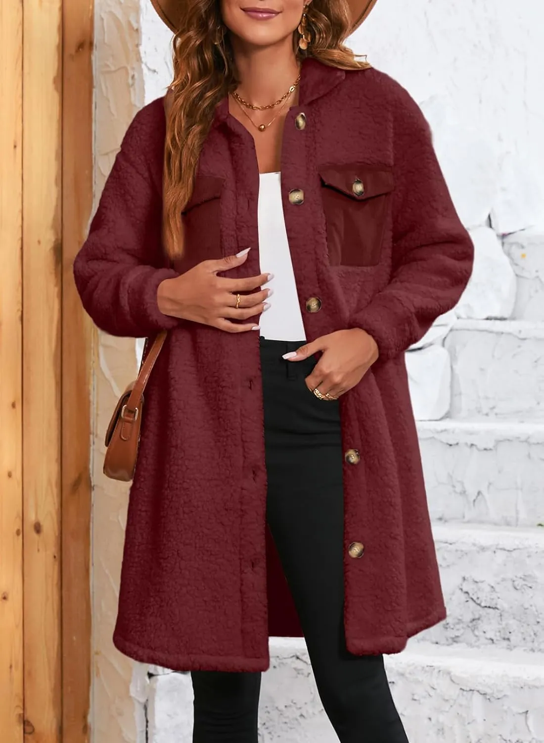 EVALESS Fuzzy Fleece Jackets for Women Fashion Long Sleeve Lapel Button Down Long Teddy Coat Faux Fur Warm Winter Outwear