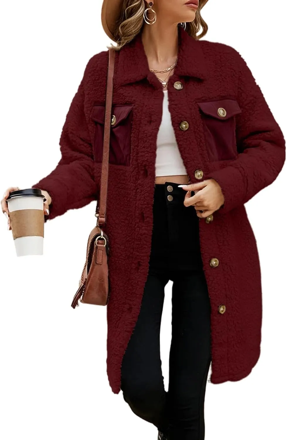 EVALESS Fuzzy Fleece Jackets for Women Fashion Long Sleeve Lapel Button Down Long Teddy Coat Faux Fur Warm Winter Outwear