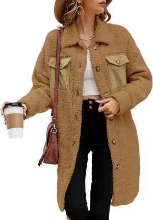 EVALESS Fuzzy Fleece Jackets for Women Fashion Long Sleeve Lapel Button Down Long Teddy Coat Faux Fur Warm Winter Outwear