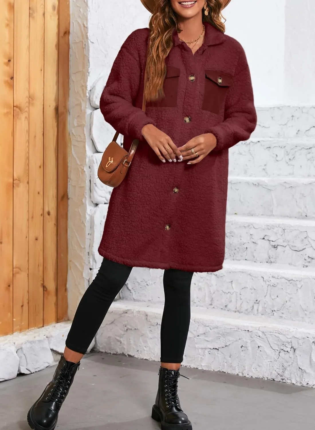 EVALESS Fuzzy Fleece Jackets for Women Fashion Long Sleeve Lapel Button Down Long Teddy Coat Faux Fur Warm Winter Outwear