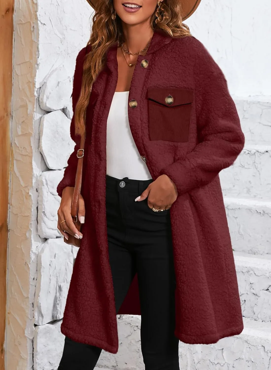 EVALESS Fuzzy Fleece Jackets for Women Fashion Long Sleeve Lapel Button Down Long Teddy Coat Faux Fur Warm Winter Outwear