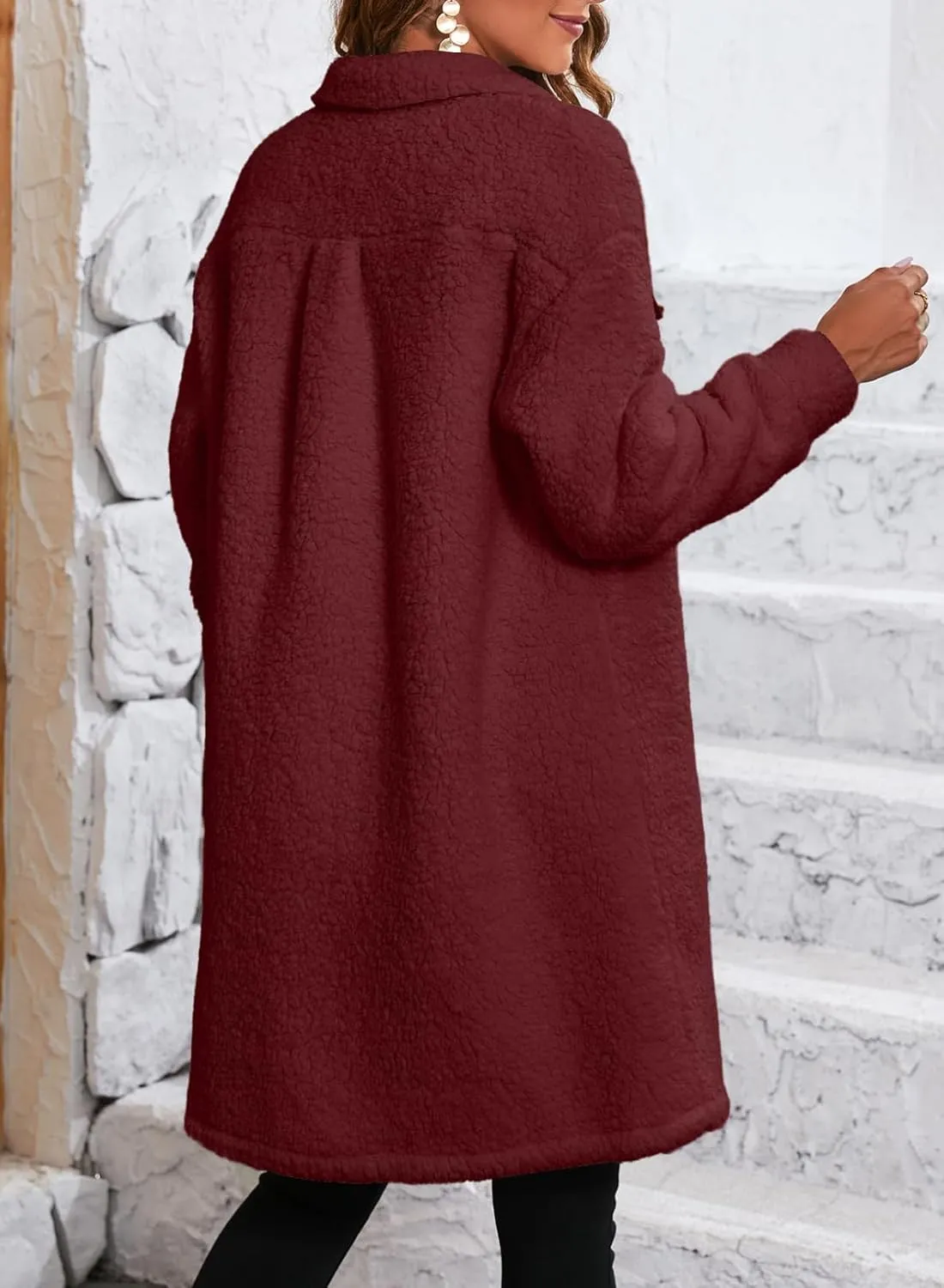 EVALESS Fuzzy Fleece Jackets for Women Fashion Long Sleeve Lapel Button Down Long Teddy Coat Faux Fur Warm Winter Outwear