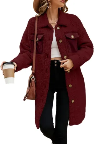EVALESS Fuzzy Fleece Jackets for Women Fashion Long Sleeve Lapel Button Down Long Teddy Coat Faux Fur Warm Winter Outwear