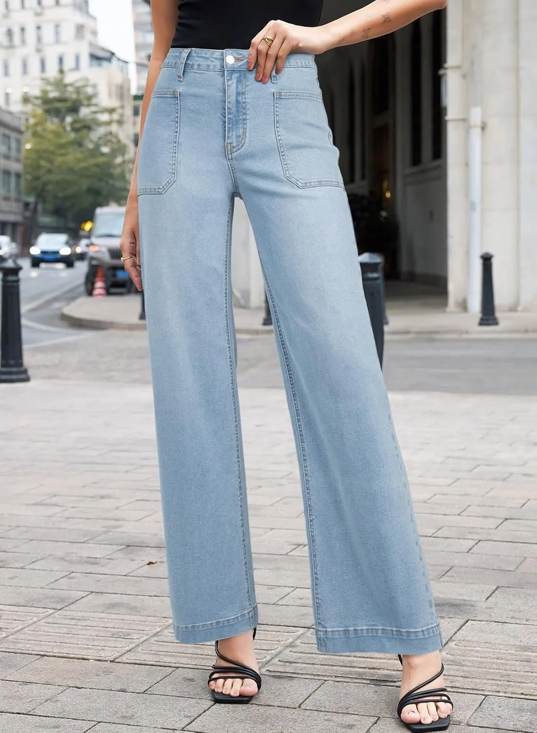 EVALESS Womens Wide Leg Jeans High Waisted Stretchy Loose Denim Pants