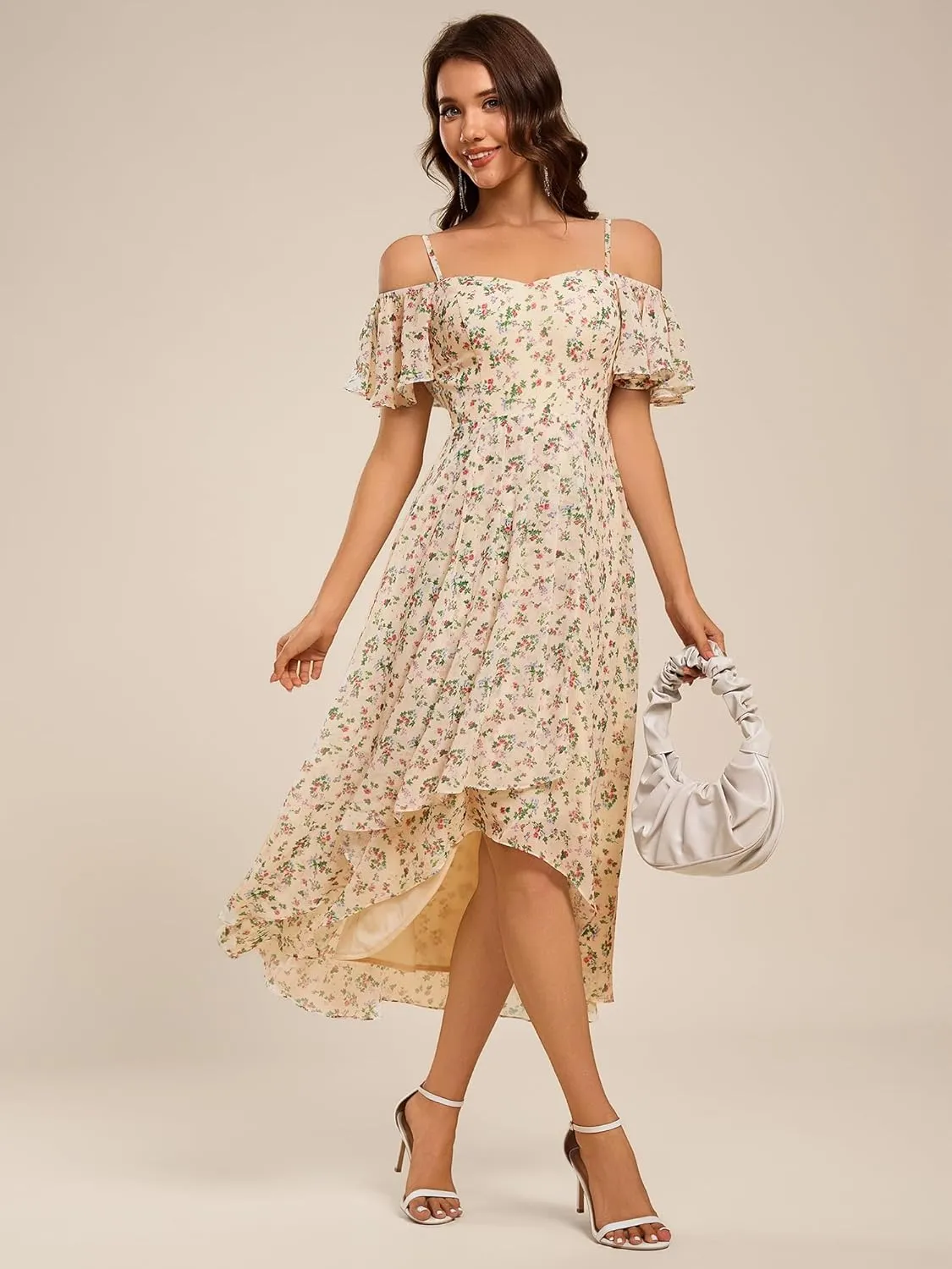 Ever-Pretty Women's Summer Cold Shoulder Hi-Lo Asymmetrical Hem Flowy Chiffon Short Wedding Guest Dress 02103