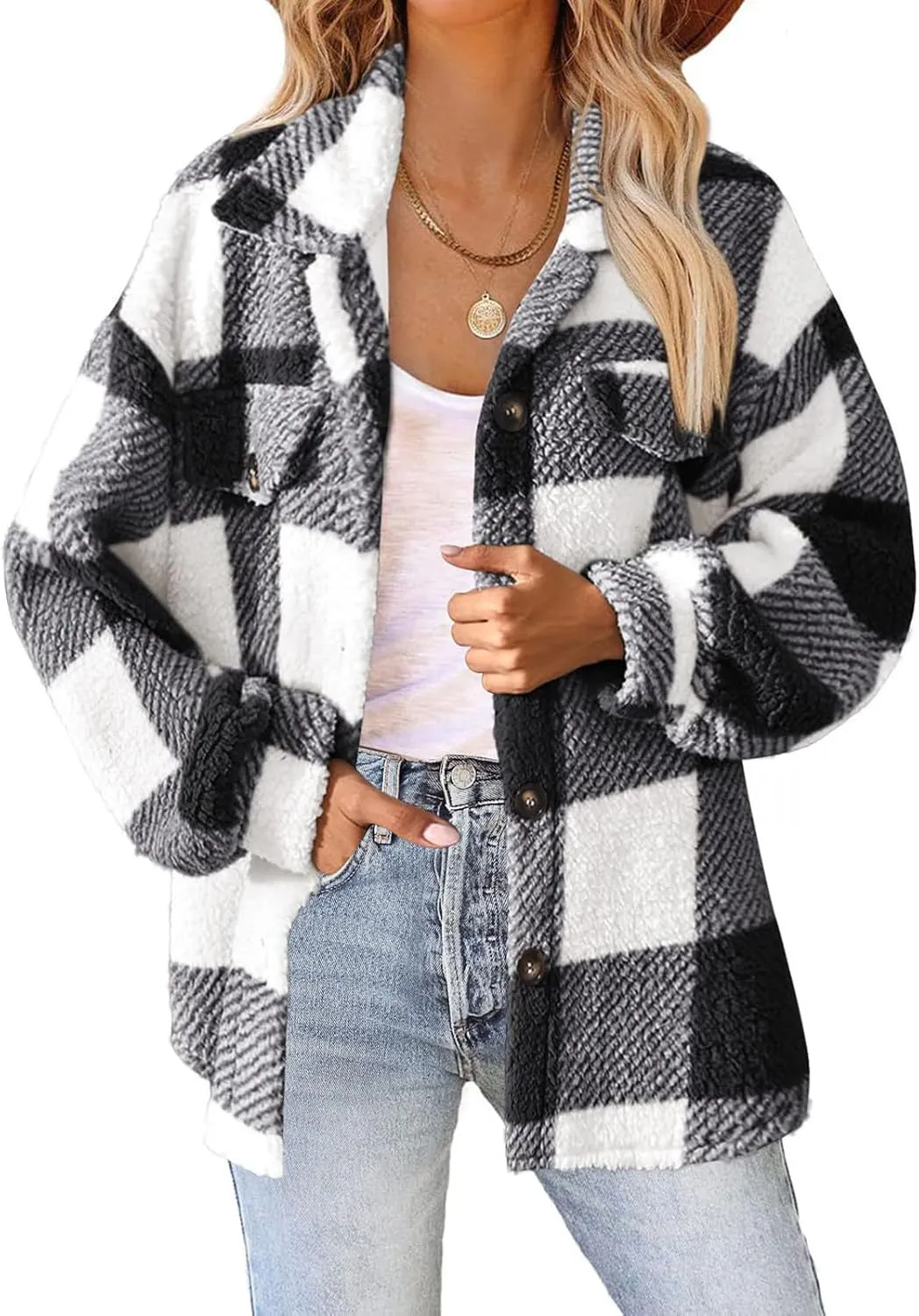 Flannel Shirt Women Plaid Button Down Long Sleeve Sherpa Shacket Fuzzy Lapel Oversized Fleece Teddy Fall Winter Coat