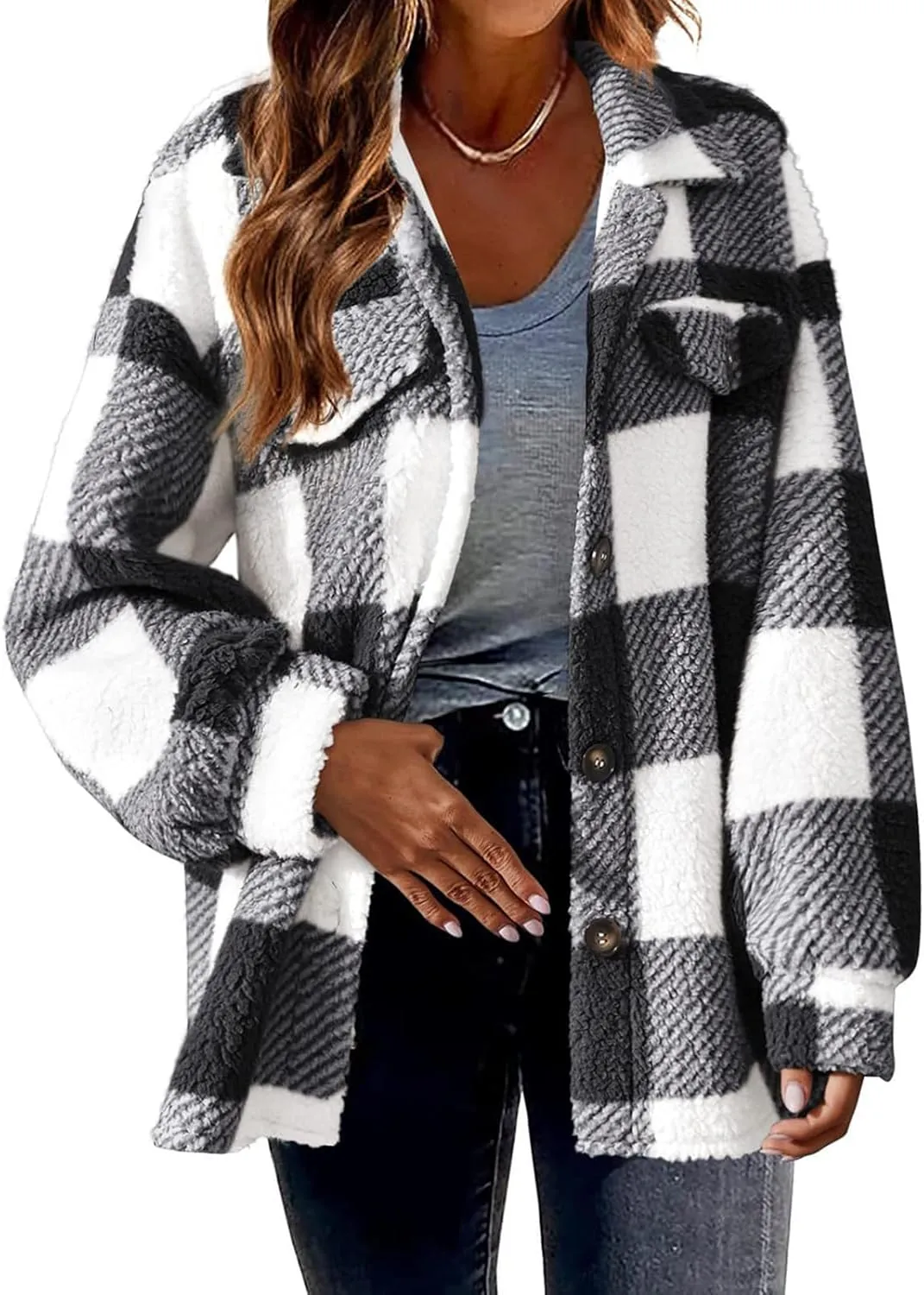 Flannel Shirt Women Plaid Button Down Long Sleeve Sherpa Shacket Fuzzy Lapel Oversized Fleece Teddy Fall Winter Coat