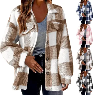 Flannel Shirt Women Plaid Button Down Long Sleeve Sherpa Shacket Fuzzy Lapel Oversized Fleece Teddy Fall Winter Coat