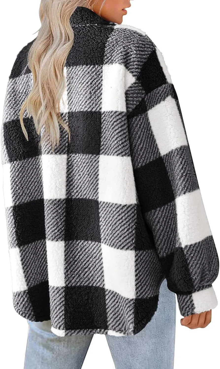 Flannel Shirt Women Plaid Button Down Long Sleeve Sherpa Shacket Fuzzy Lapel Oversized Fleece Teddy Fall Winter Coat