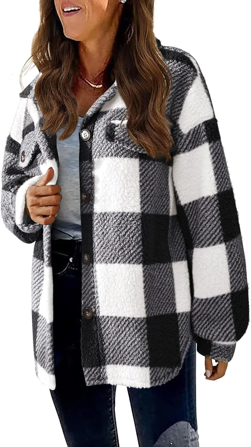 Flannel Shirt Women Plaid Button Down Long Sleeve Sherpa Shacket Fuzzy Lapel Oversized Fleece Teddy Fall Winter Coat