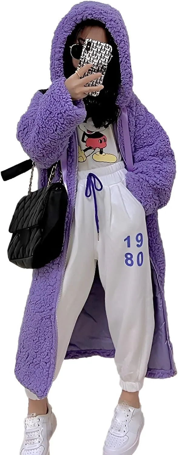 Girl's Fuzzy Fleece Coat with Hood Open Front Long Cardigan Faux Fur Warm Winter Jackets Outwear