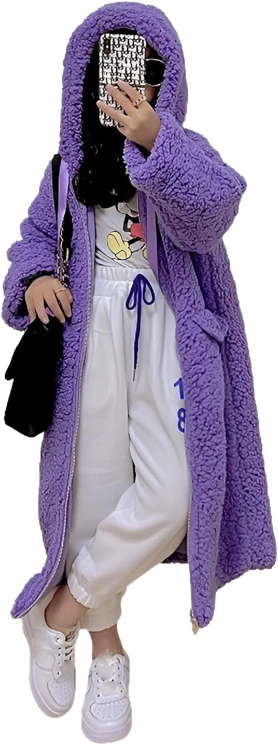 Girl's Fuzzy Fleece Coat with Hood Open Front Long Cardigan Faux Fur Warm Winter Jackets Outwear