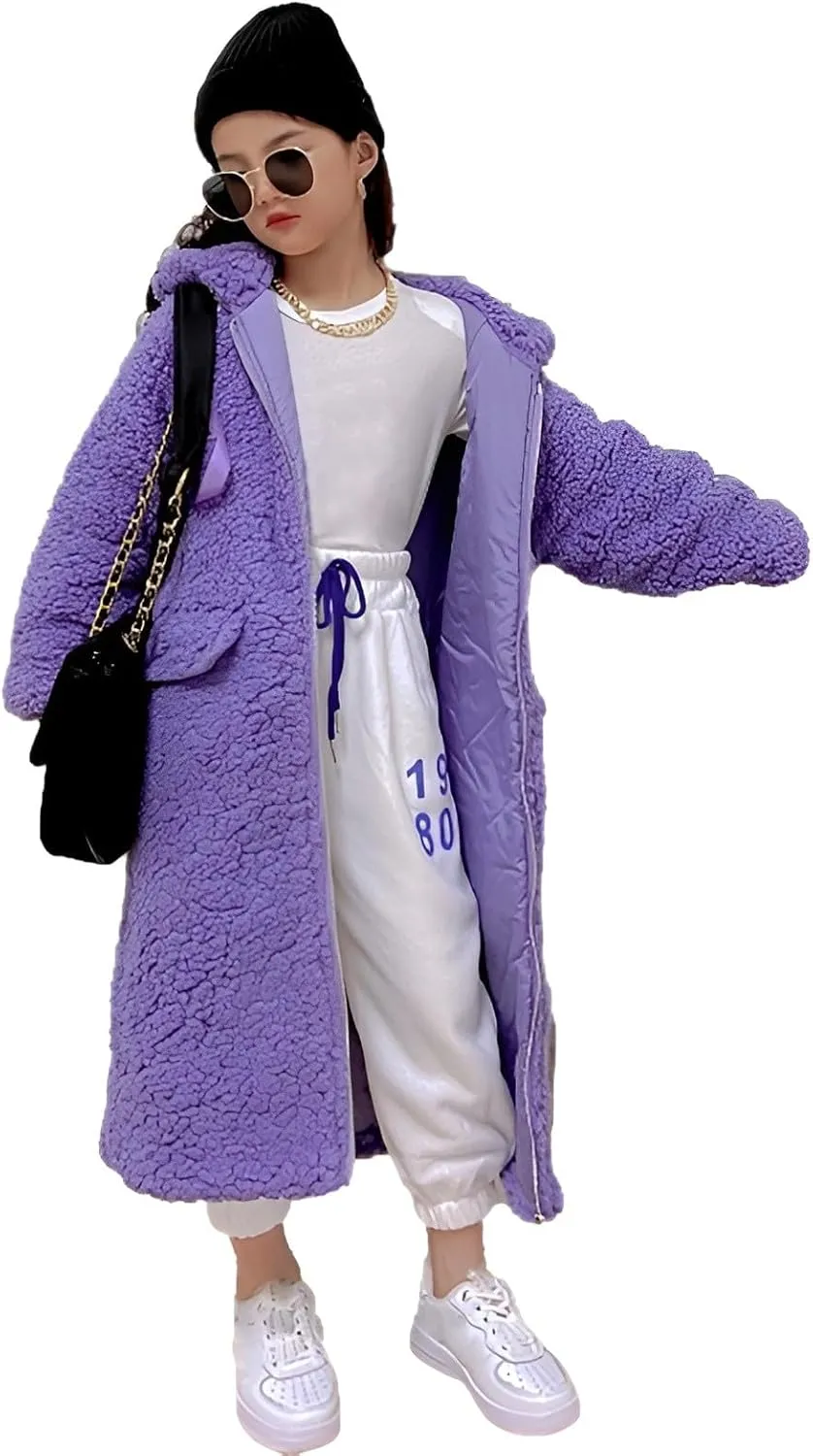 Girl's Fuzzy Fleece Coat with Hood Open Front Long Cardigan Faux Fur Warm Winter Jackets Outwear