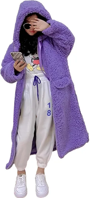 Girl's Fuzzy Fleece Coat with Hood Open Front Long Cardigan Faux Fur Warm Winter Jackets Outwear