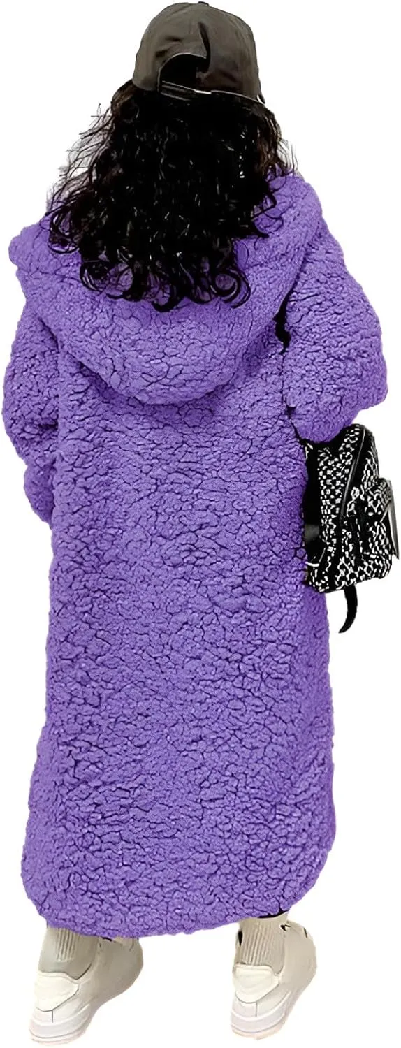Girl's Fuzzy Fleece Coat with Hood Open Front Long Cardigan Faux Fur Warm Winter Jackets Outwear