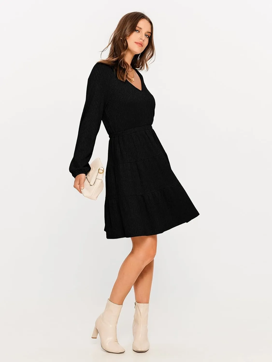 Glamaker Women's Long Sleeve Mini Sweater Dress 2024 Fall Ribbed Knit Dress Casual V Neck Ruffle Flowy Tiered Dresses
