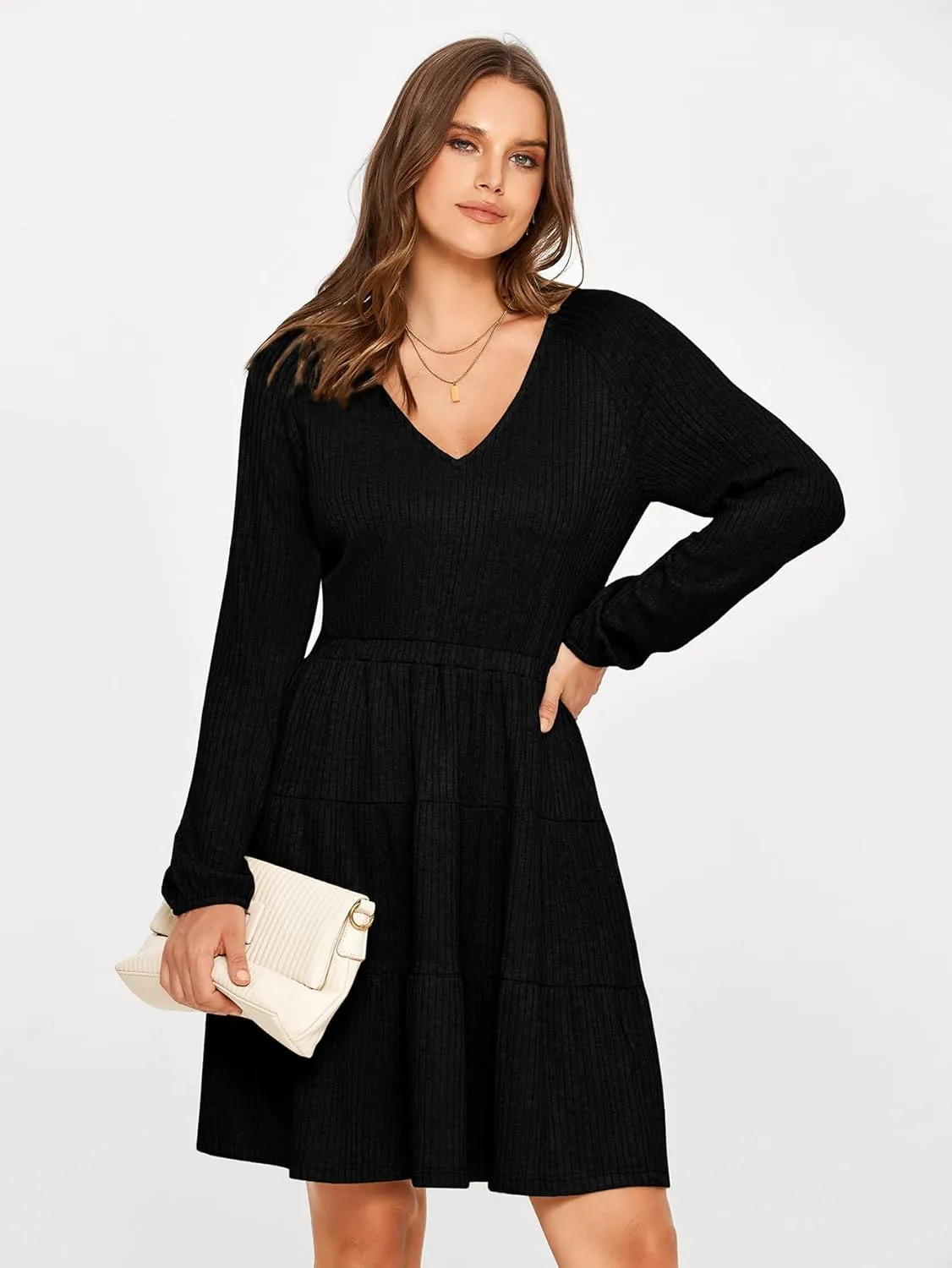 Glamaker Women's Long Sleeve Mini Sweater Dress 2024 Fall Ribbed Knit Dress Casual V Neck Ruffle Flowy Tiered Dresses