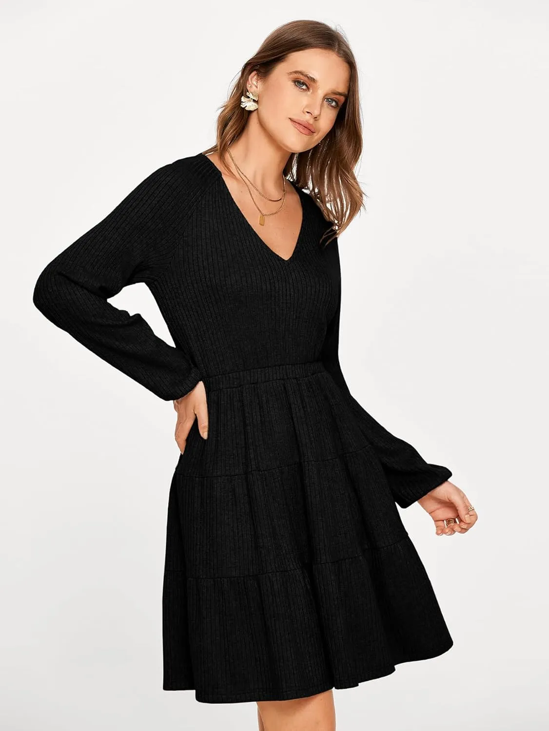 Glamaker Women's Long Sleeve Mini Sweater Dress 2024 Fall Ribbed Knit Dress Casual V Neck Ruffle Flowy Tiered Dresses