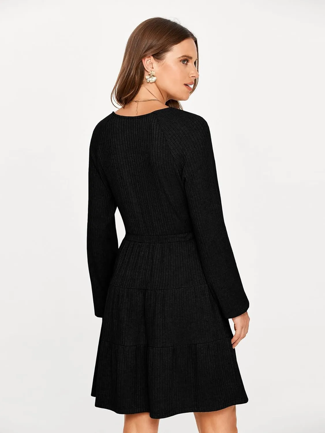 Glamaker Women's Long Sleeve Mini Sweater Dress 2024 Fall Ribbed Knit Dress Casual V Neck Ruffle Flowy Tiered Dresses
