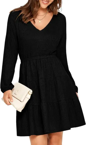 Glamaker Women's Long Sleeve Mini Sweater Dress 2024 Fall Ribbed Knit Dress Casual V Neck Ruffle Flowy Tiered Dresses