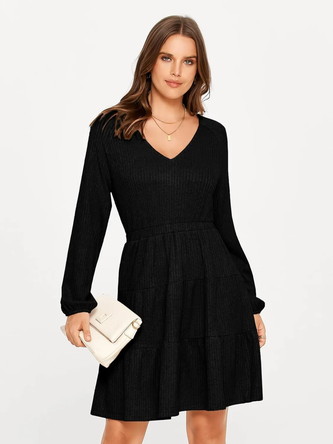 Glamaker Women's Long Sleeve Mini Sweater Dress 2024 Fall Ribbed Knit Dress Casual V Neck Ruffle Flowy Tiered Dresses