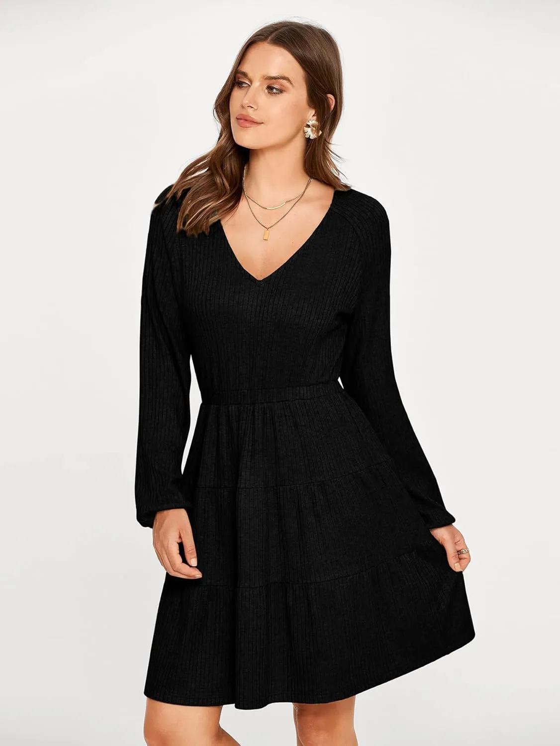 Glamaker Women's Long Sleeve Mini Sweater Dress 2024 Fall Ribbed Knit Dress Casual V Neck Ruffle Flowy Tiered Dresses