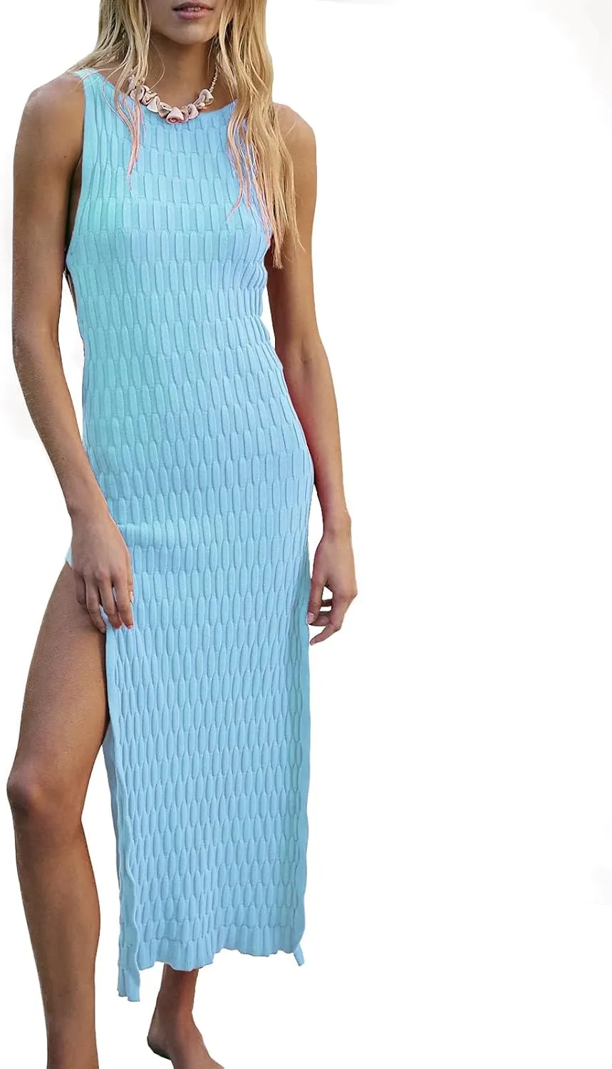 Hacikis Womens Summer Vacation Bodycon Midi Tank Dresses Textured Ribbed Knit Sleeveless Sweater Dress with Side Slit