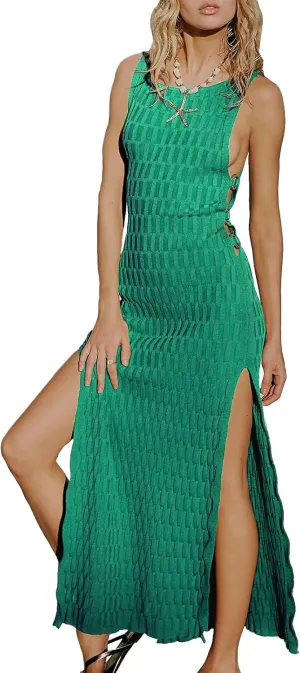 Hacikis Womens Summer Vacation Bodycon Midi Tank Dresses Textured Ribbed Knit Sleeveless Sweater Dress with Side Slit