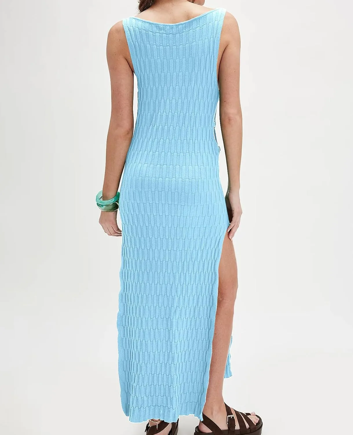 Hacikis Womens Summer Vacation Bodycon Midi Tank Dresses Textured Ribbed Knit Sleeveless Sweater Dress with Side Slit