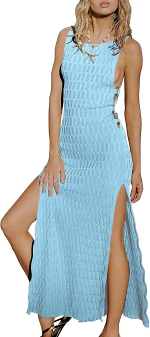 Hacikis Womens Summer Vacation Bodycon Midi Tank Dresses Textured Ribbed Knit Sleeveless Sweater Dress with Side Slit