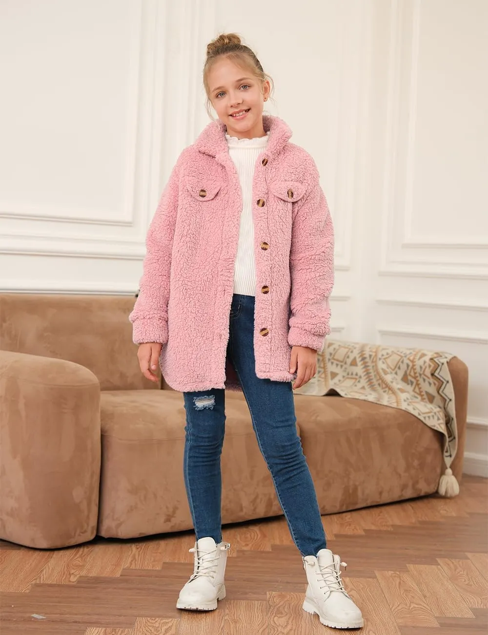 Haloumoning Girls Fuzzy Fleece Jacket Casual Button Down Sherpa Overcoat Faux Fur Jackets Outwear 4-15 Years