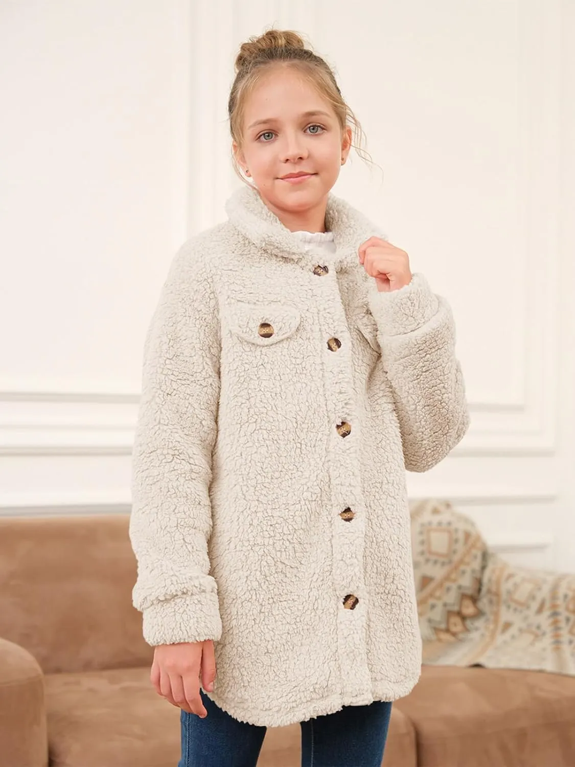 Haloumoning Girls Fuzzy Fleece Jacket Casual Button Down Sherpa Overcoat Faux Fur Jackets Outwear 4-15 Years