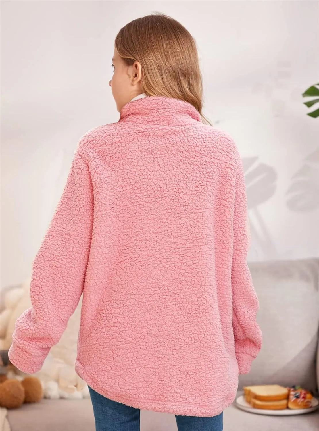 Haloumoning Girls Fuzzy Fleece Jacket Casual Button Down Sherpa Overcoat Faux Fur Jackets Outwear 4-15 Years