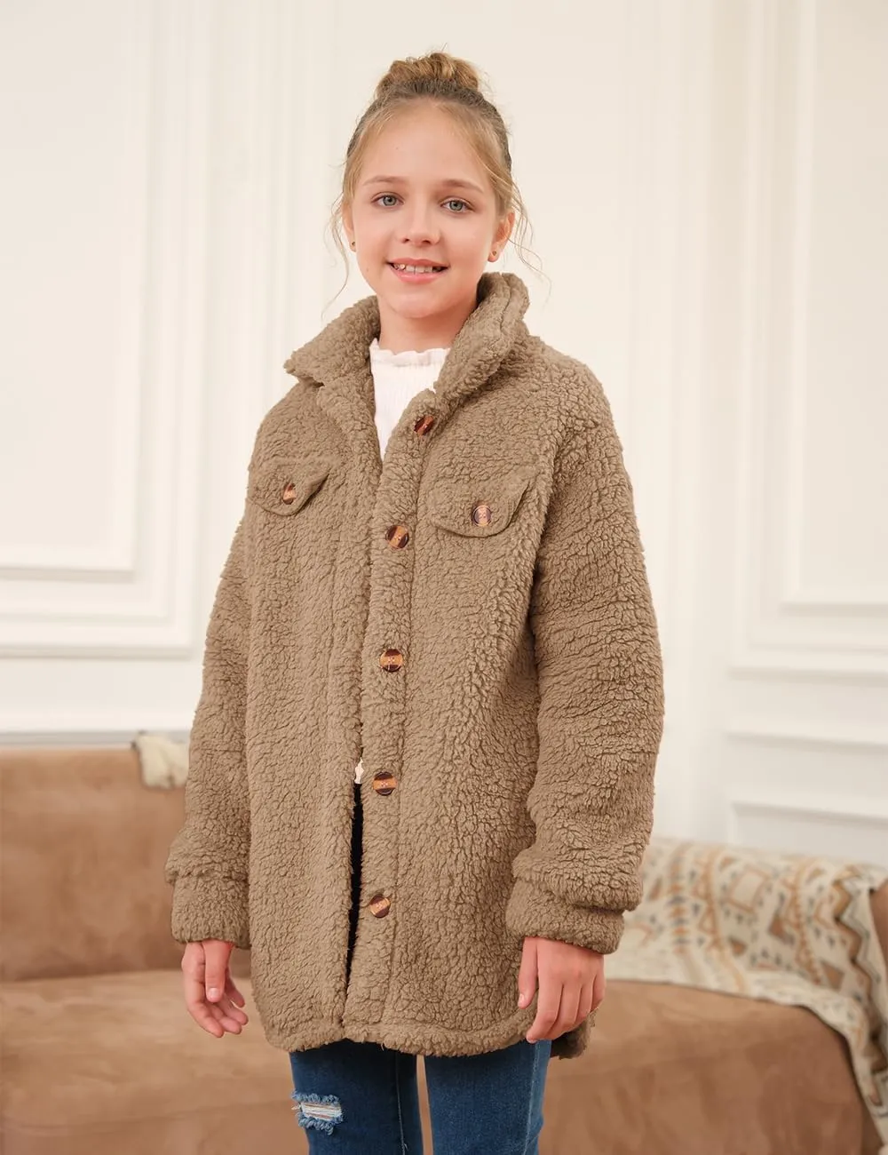 Haloumoning Girls Fuzzy Fleece Jacket Casual Button Down Sherpa Overcoat Faux Fur Jackets Outwear 4-15 Years