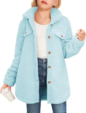 Haloumoning Girls Fuzzy Fleece Jacket Casual Button Down Sherpa Overcoat Faux Fur Jackets Outwear 4-15 Years