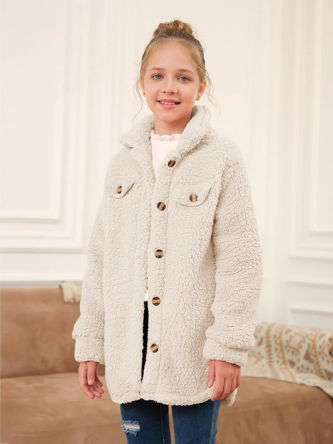 Haloumoning Girls Fuzzy Fleece Jacket Casual Button Down Sherpa Overcoat Faux Fur Jackets Outwear 4-15 Years